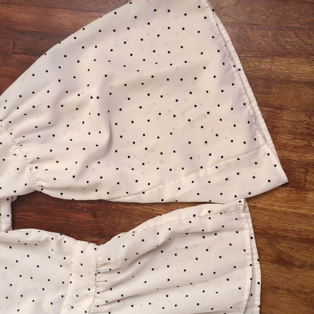 SHEIN ivory white and black polka dot bell sleeve front tie keyhole blouse - Picture 2 of 4